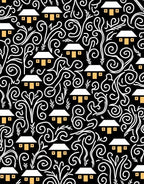 White Houses Black Swirls Organic Art Rug