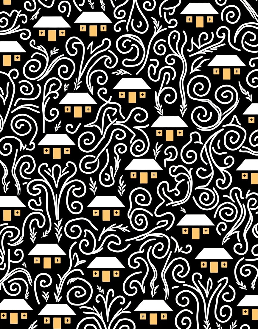 White Houses Black Swirls Organic Art Rug