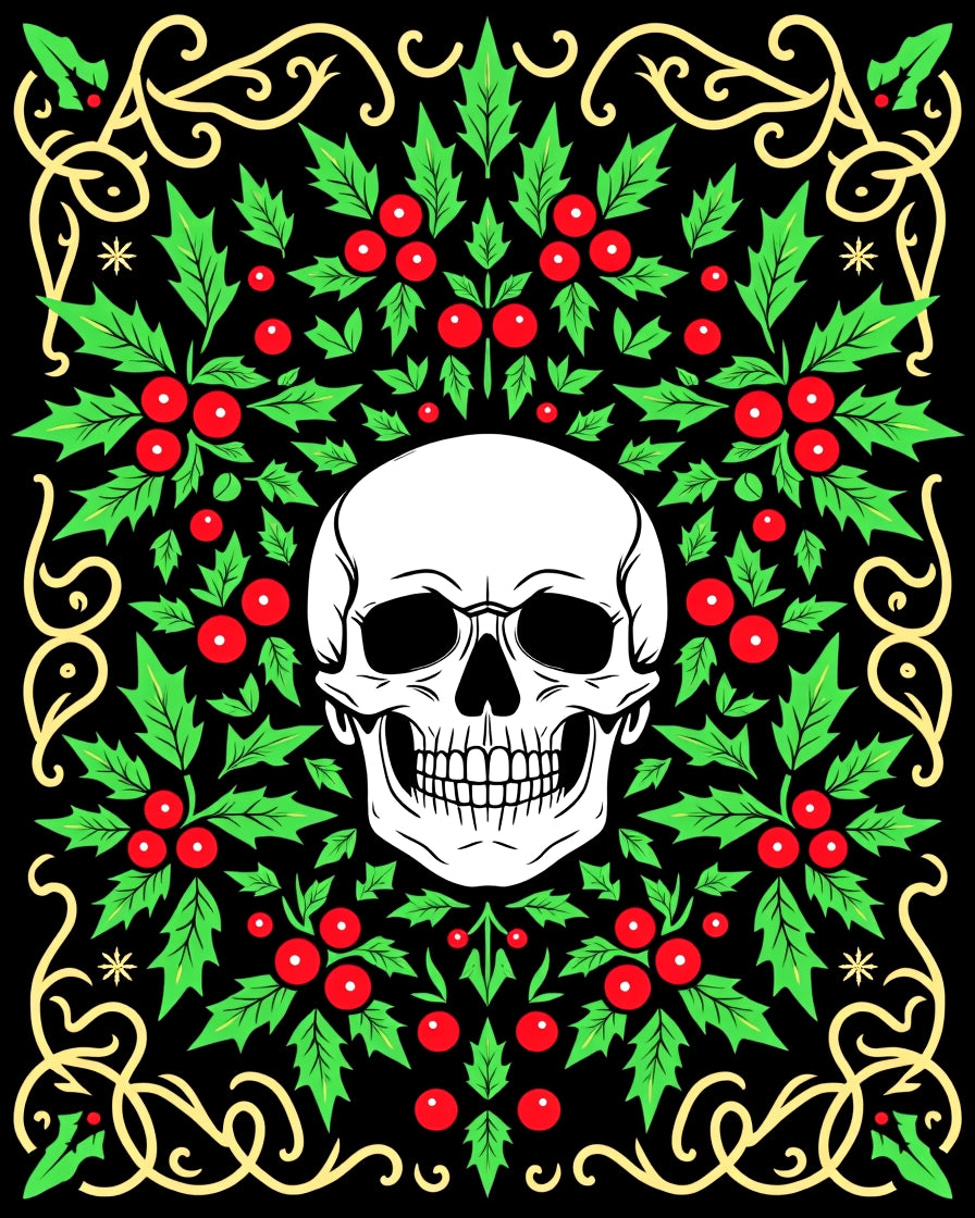 Black Holly Skull Gothic Ornament Rug