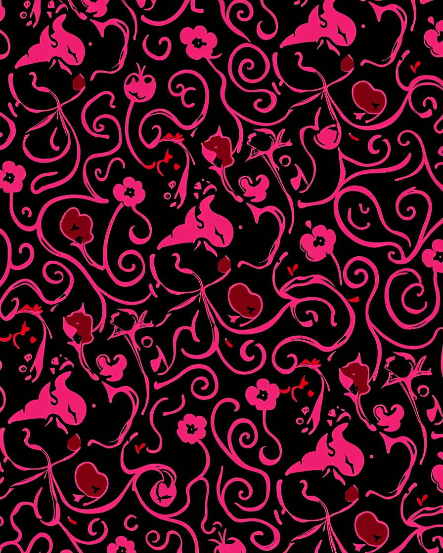 Whimsical Black Pink Floral Swirl Design Rug