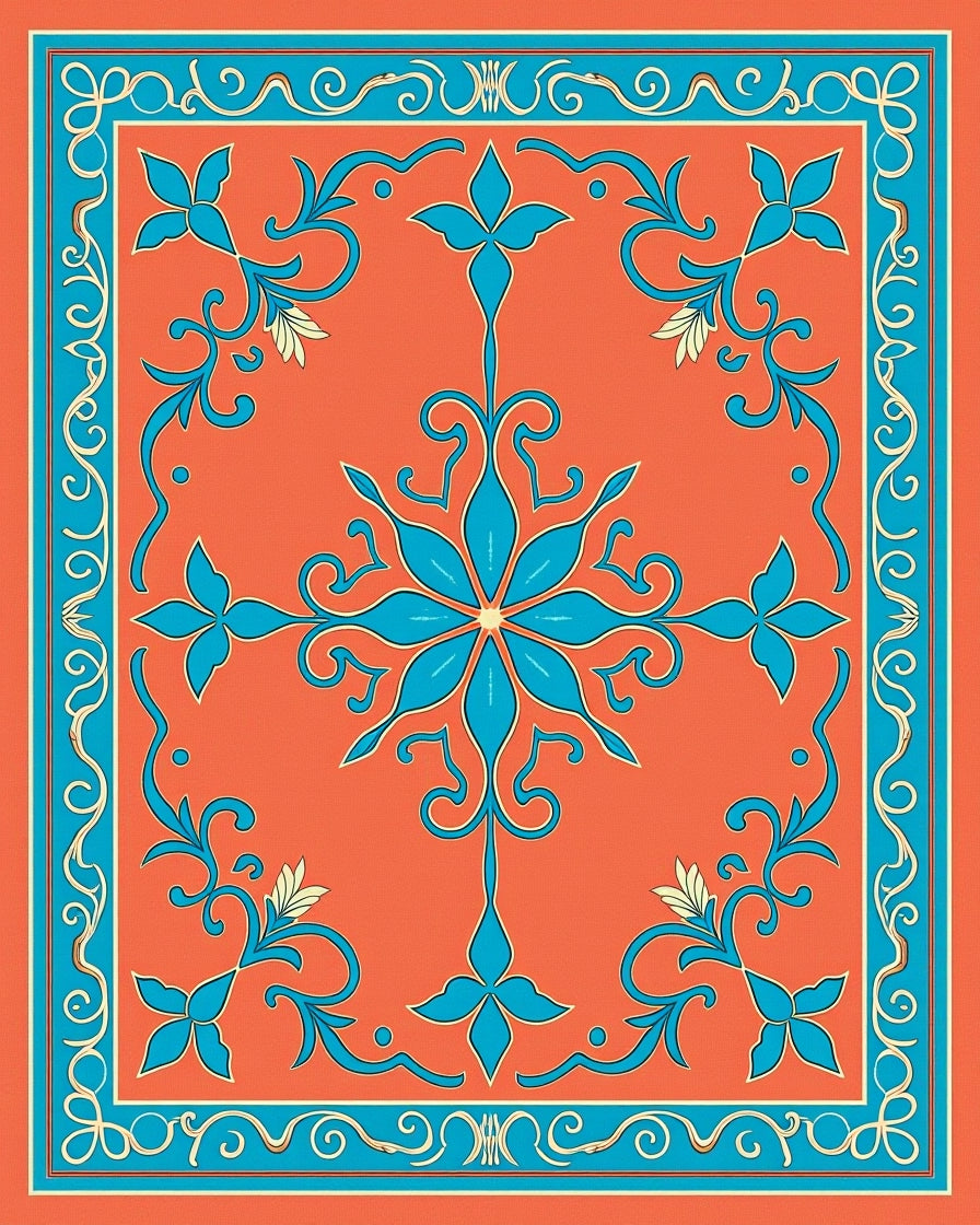 Floral Scroll Bordered Textile Design Rug