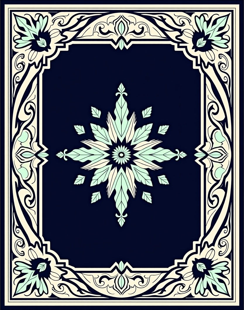 Intricate Floral Frame Dark Blue Rug