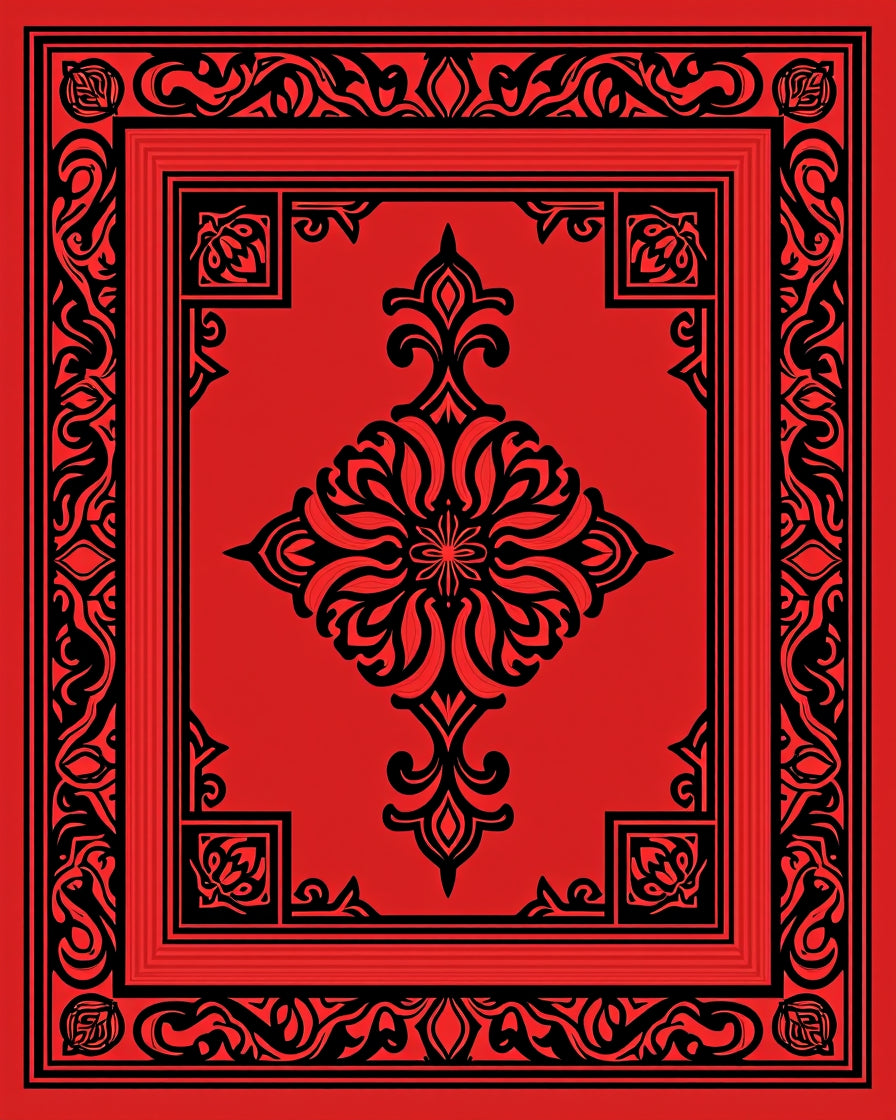 Bold Red Black Ornate Floral Design Rug