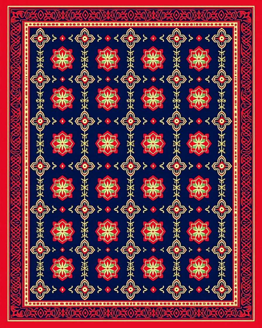 Floral Red Green Blue Geometric Pattern Rug