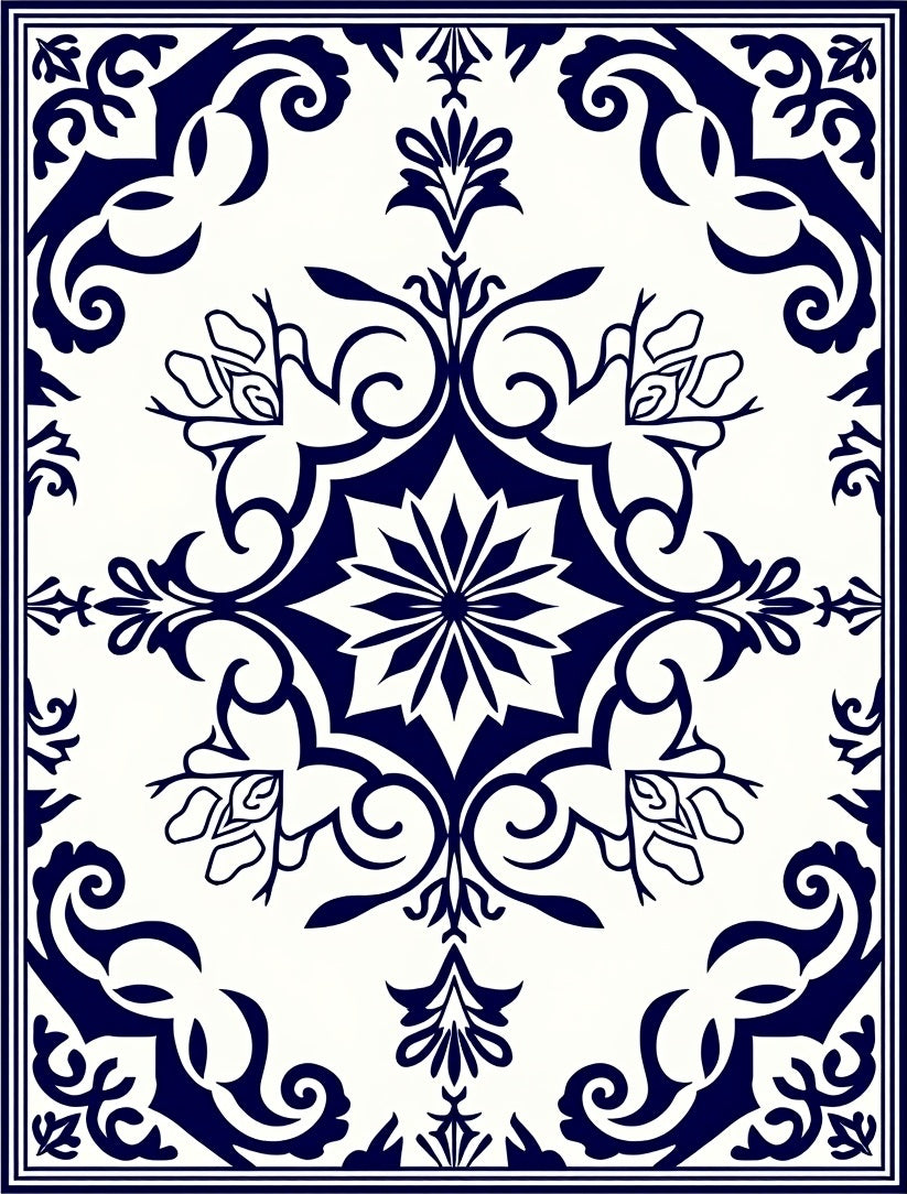 Navy Blue Vintage Floral Pattern Rug
