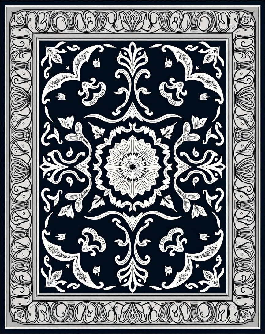 Elegant Black White Floral Relief Rug