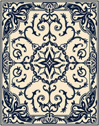 Classic Dark Blue Swirl Floral Pattern Rug