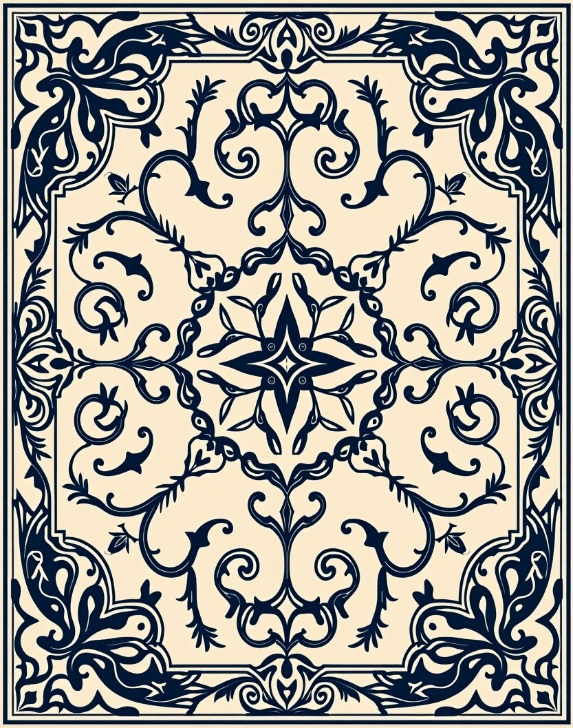 Classic Dark Blue Swirl Floral Pattern Rug