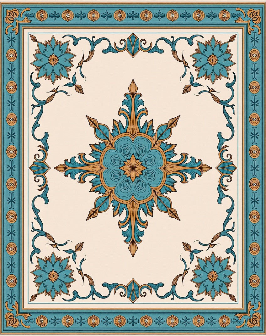 Ornate Teal Floral Medallion Design Rug