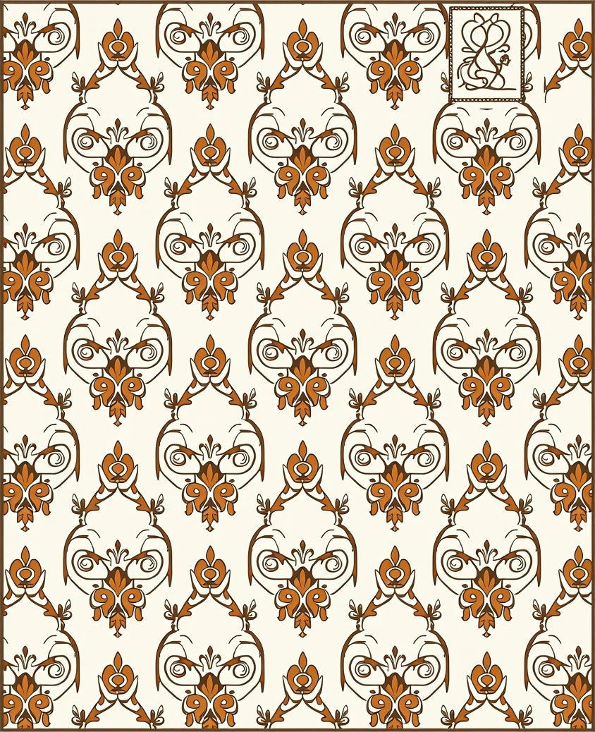 Ornate Brown Floral Damask Pattern Rug