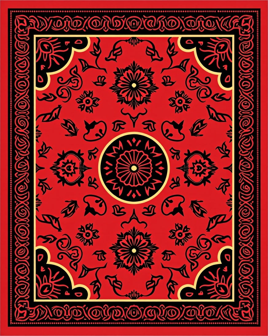 Traditional Red Black Floral Medallion Rug