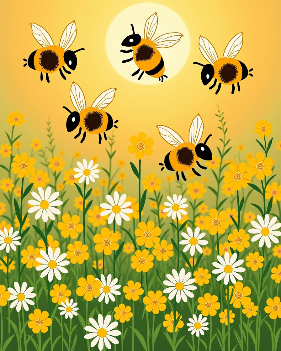 Whimsical Bees and Daisies Pattern Rug