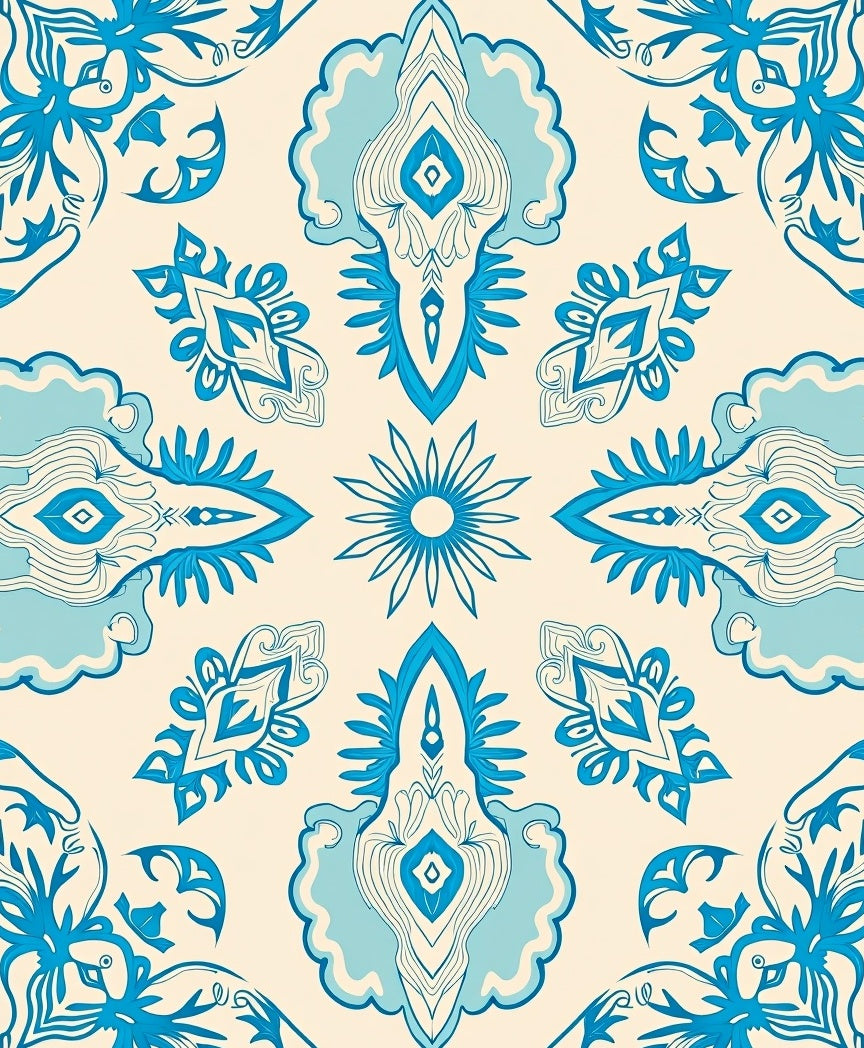 Blue Cream Stylized Floral Pattern Rug