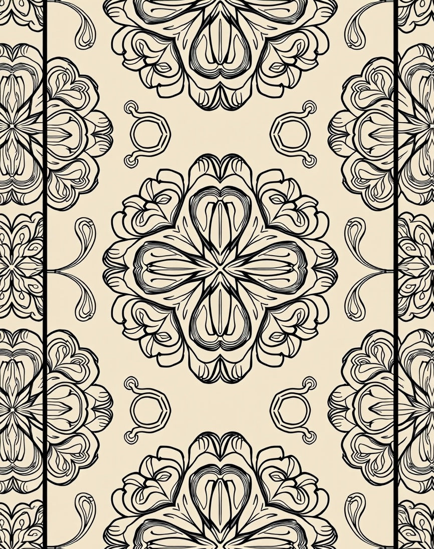 Classic Floral Mandala Black and Tan Design Rug