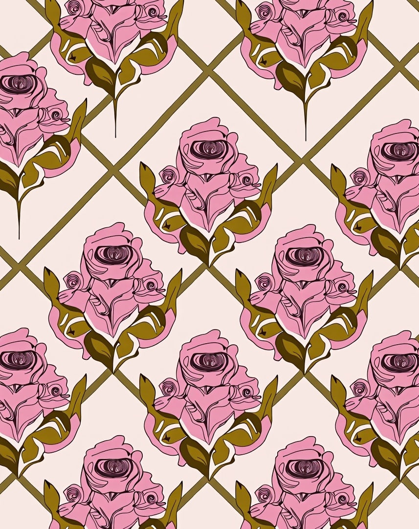 Pink Floral Lattice Art Deco Rug