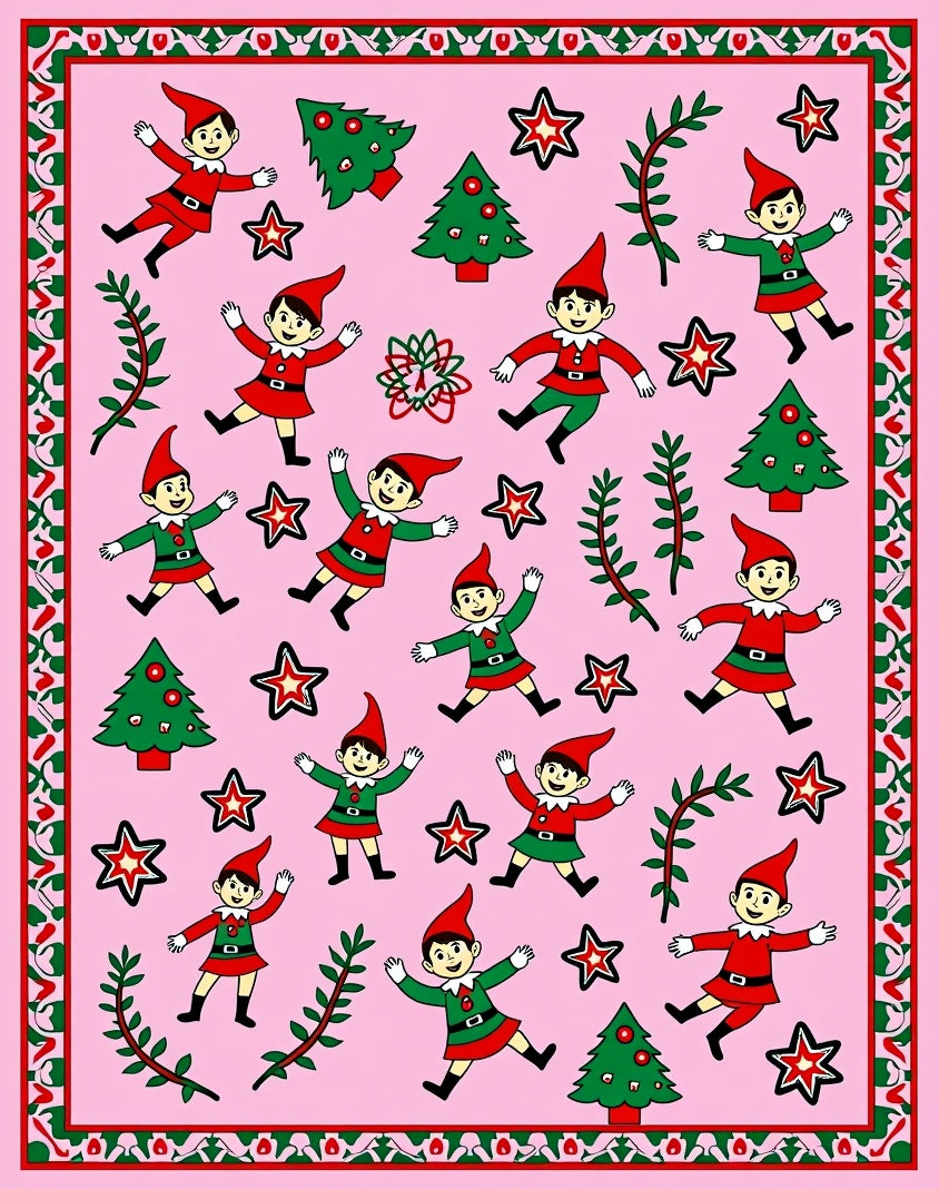 Whimsical Pink Christmas Elf Stars Rug