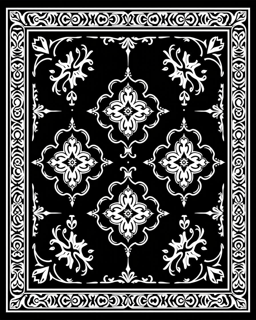 Ornate Black White Damask Patterned Rug