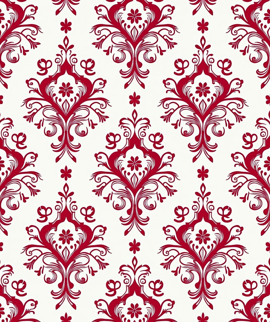 Red Damask Scrollwork Floral Pattern Rug