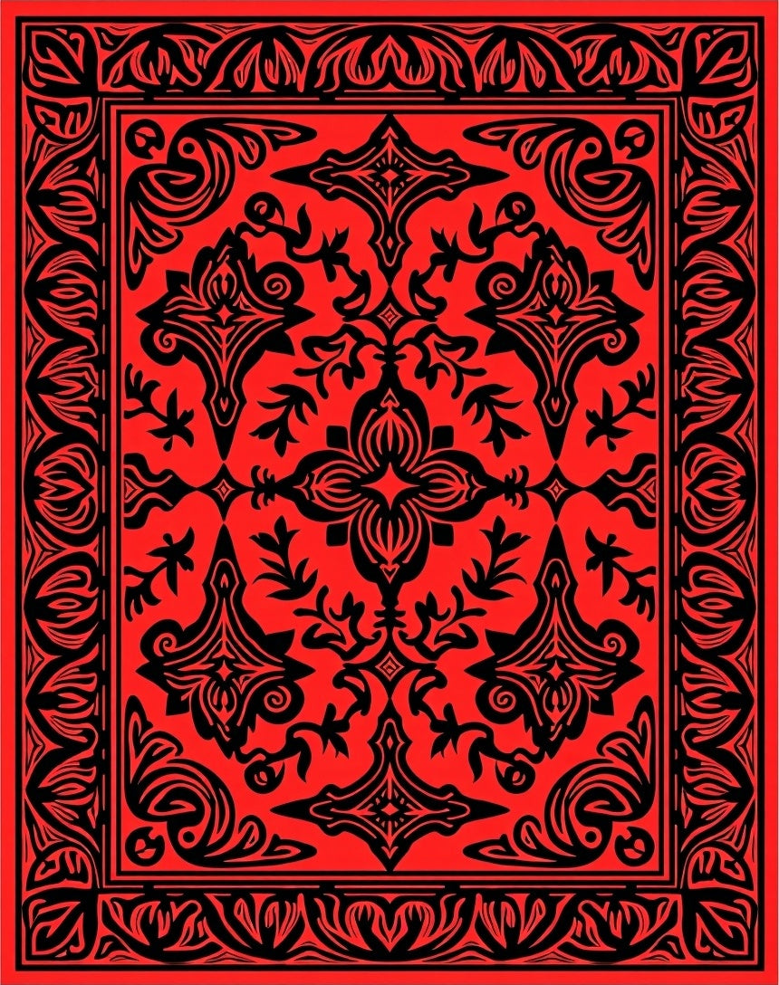Bold Red Black Ornate Geometric Pattern Rug