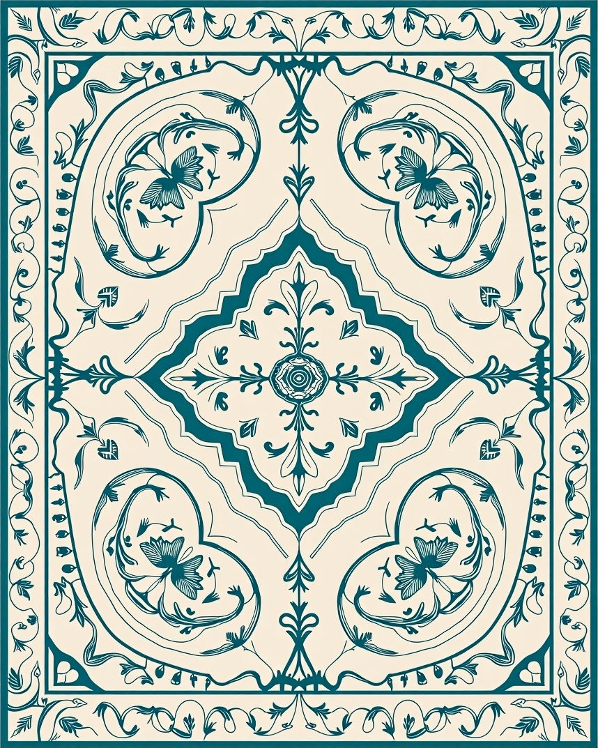 Vintage Teal Floral Scroll Design Rug