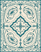 Vintage Teal Floral Scroll Design Rug