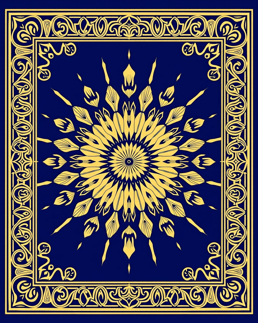Ornate Sunburst Mandala With Border Rug