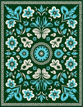 Folk Flowers Teal Cream Border Rug
