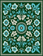 Folk Flowers Teal Cream Border Rug
