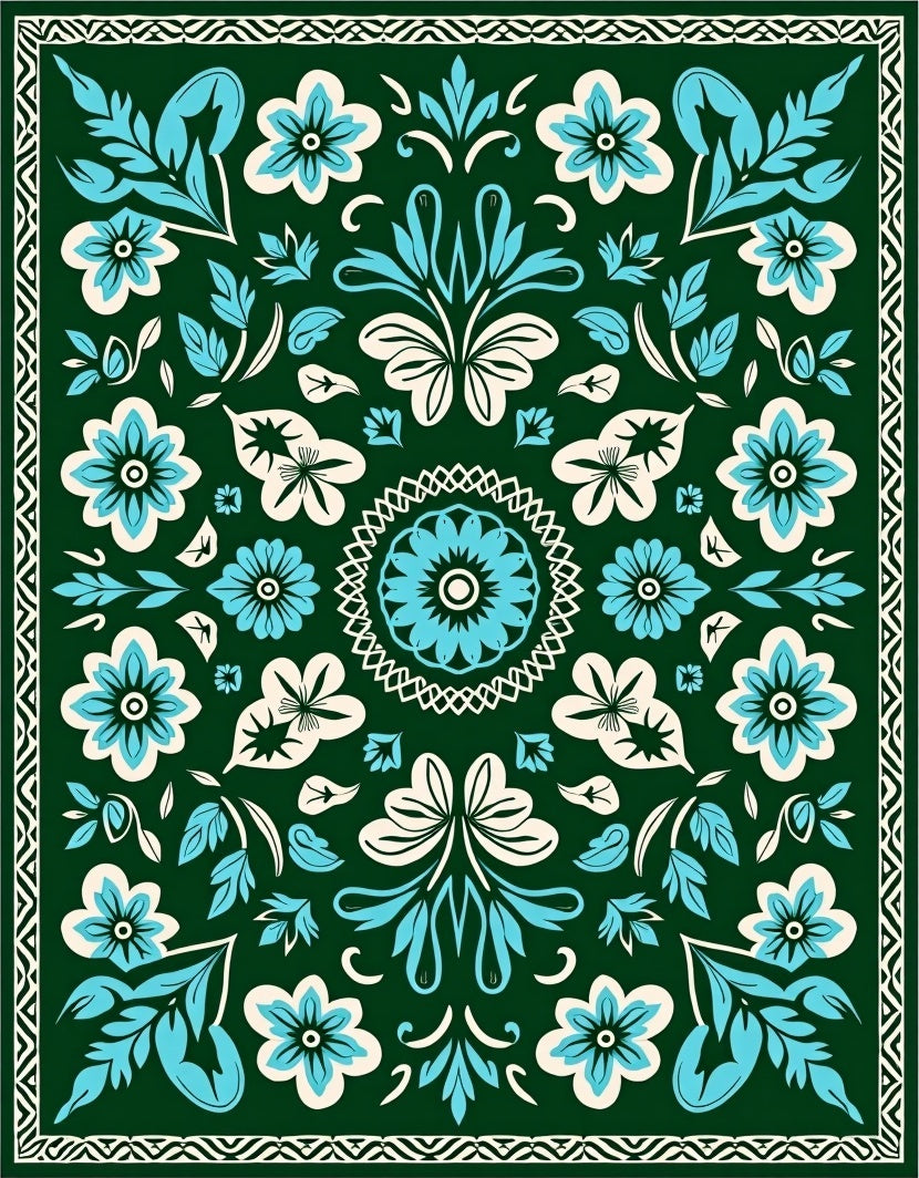 Folk Flowers Teal Cream Border Rug