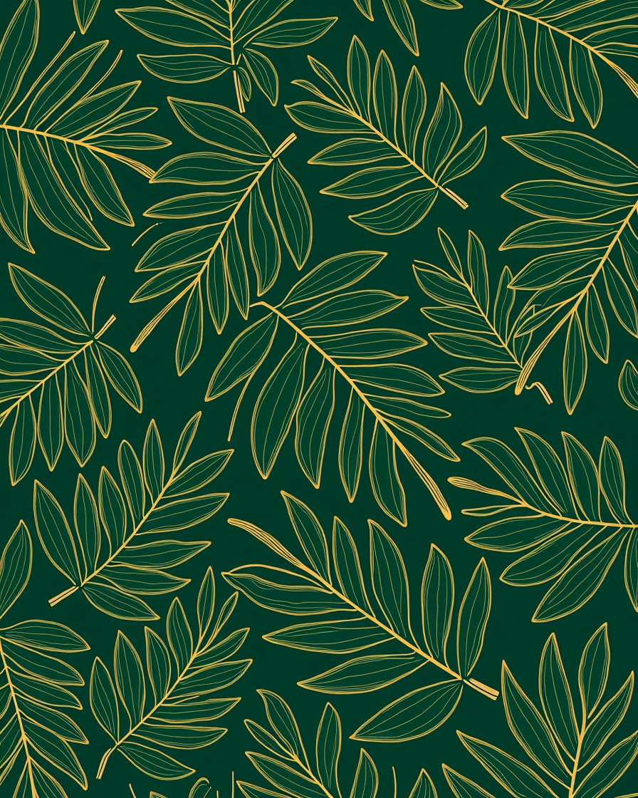 Green Gold Tropical Leaf Pattern Rug