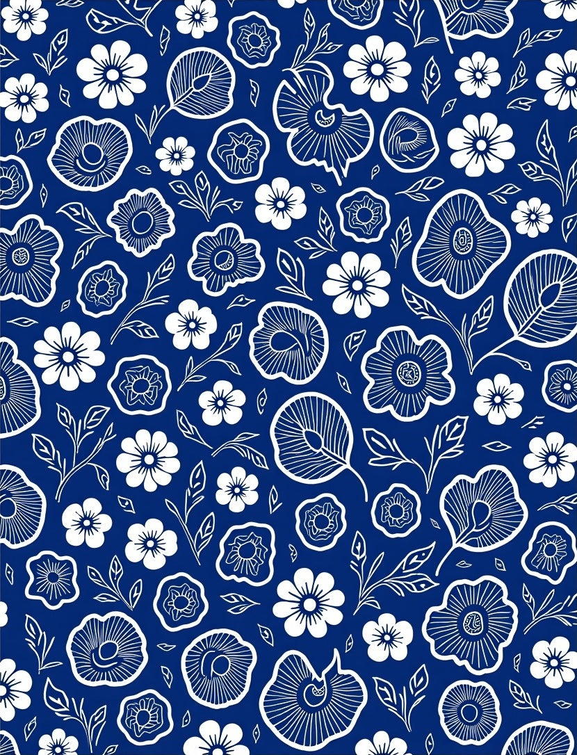 White Floral Patterned Dark Blue Rug