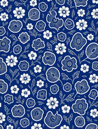 White Floral Patterned Dark Blue Rug