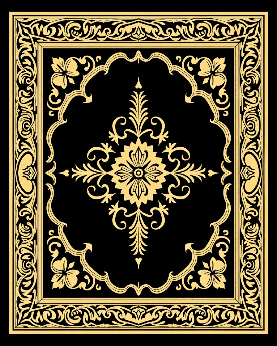 Ornate Floral Scrollwork Black Gold Rug