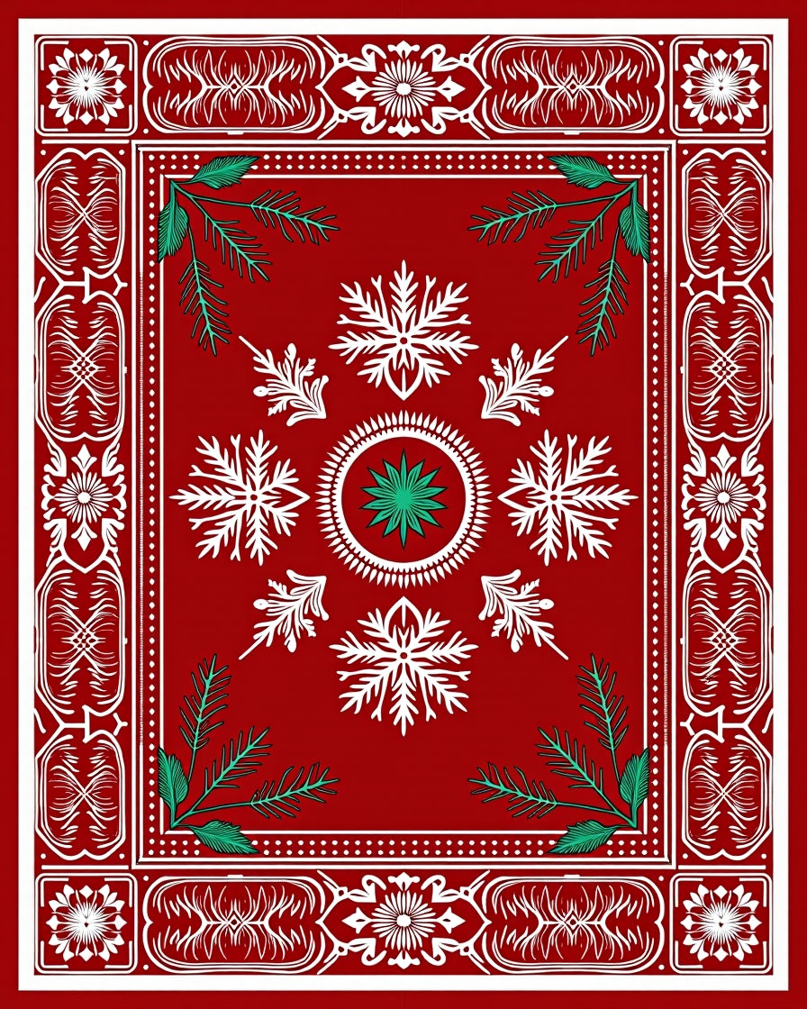 Crimson Snowflakes Festive Forest Border Rug