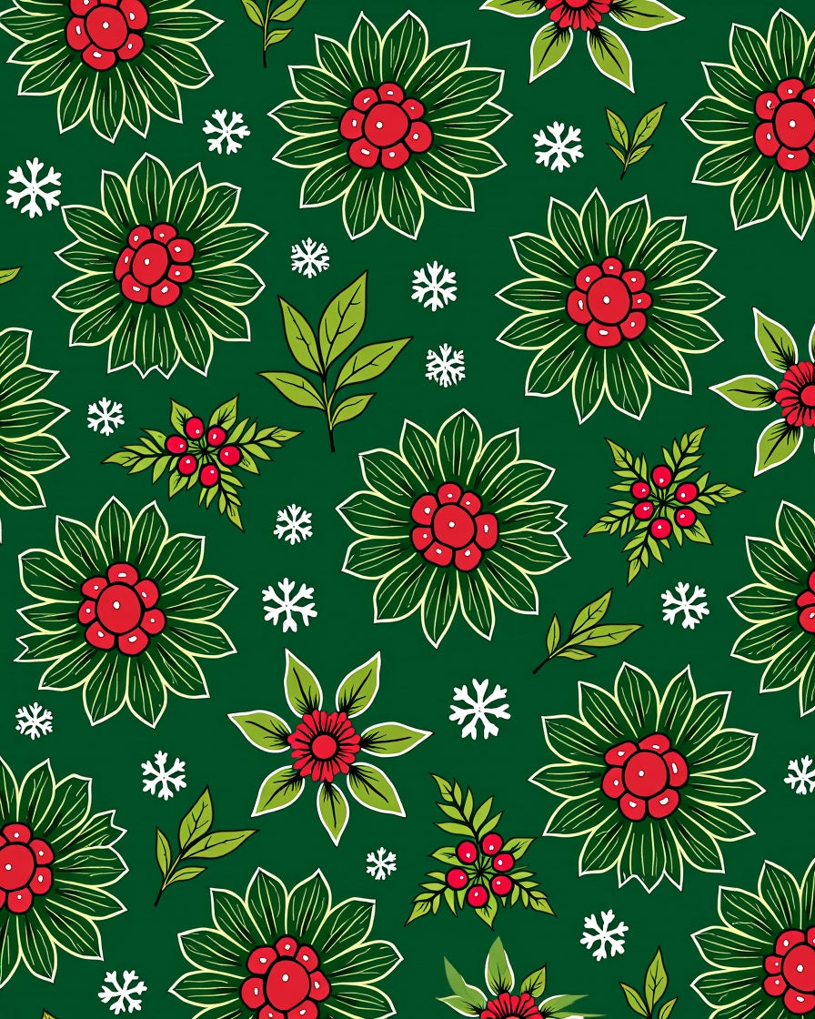 Festive Red Green Floral Snowflakes Rug