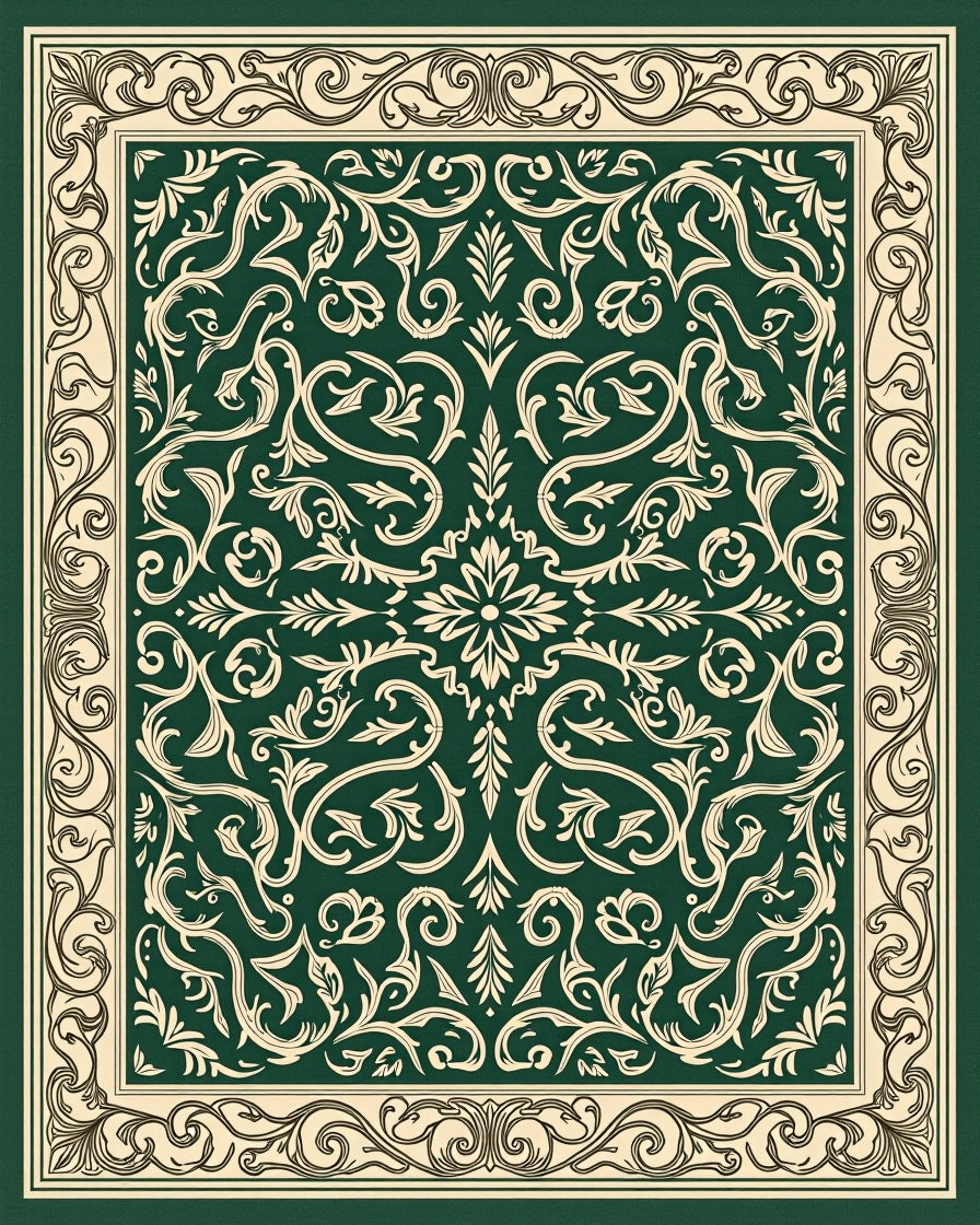 Elegant Green Cream Floral Scroll Rug