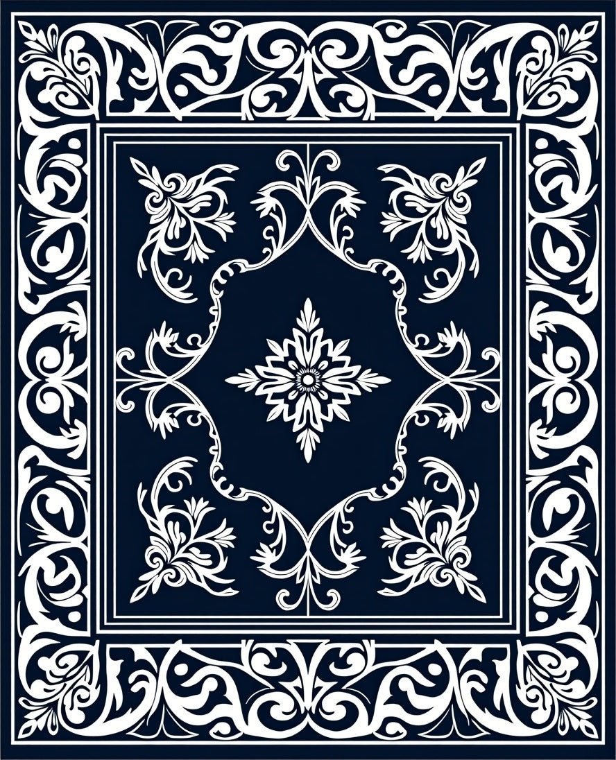 Classic Blue White Elegant Floral Border Design Rug