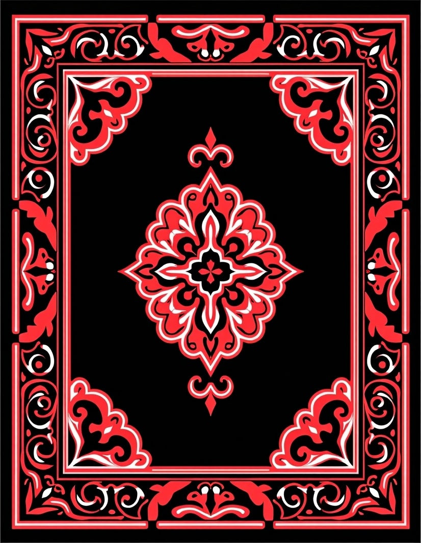 Bold Black Red Floral Medallion Rug