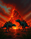 Ancient Dinosaur Volcano Sunset Scene Rug