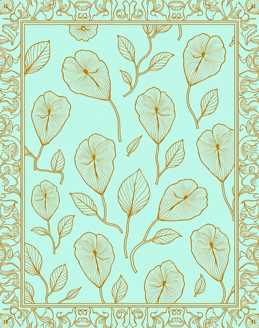 Golden Floral Outline With Mint Background Rug