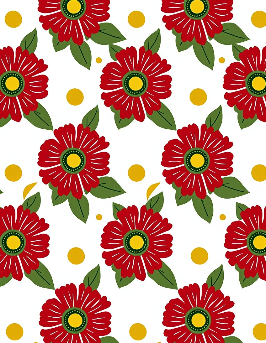Red Flower Yellow Dot Pattern Rug