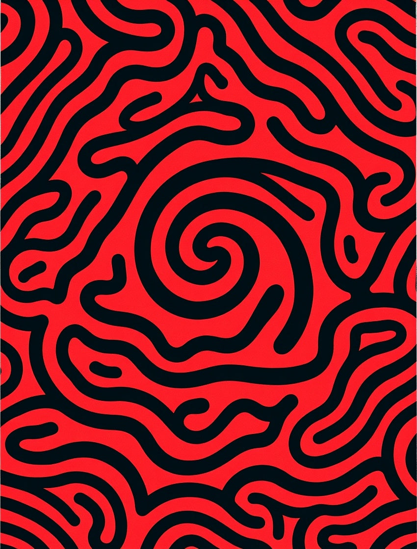 Bold Red Black Wavy Maze Design Rug
