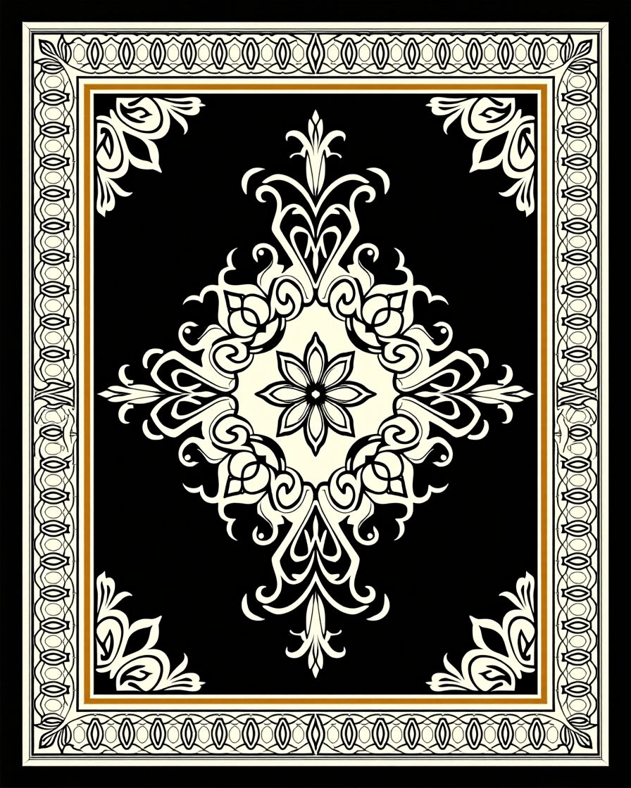 Classic Black Cream Scrollwork Floral Rug