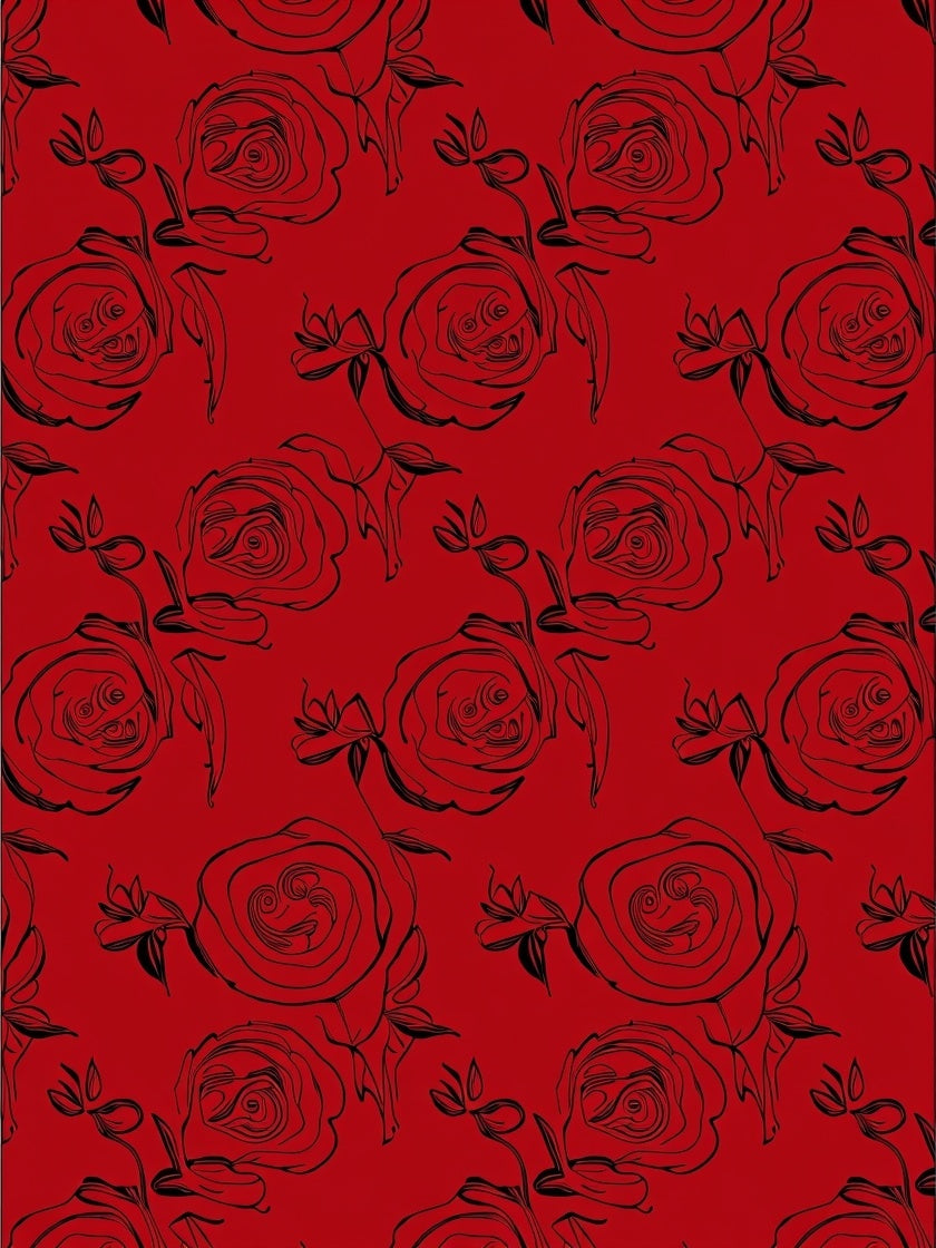 Black Outline Rose Floral Pattern Rug