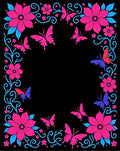 Vibrant Pink Blue Butterfly Floral Border Rug