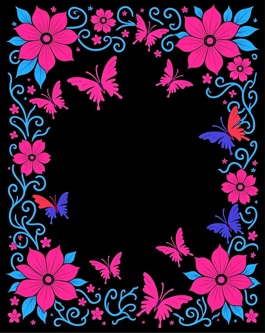 Vibrant Pink Blue Butterfly Floral Border Rug