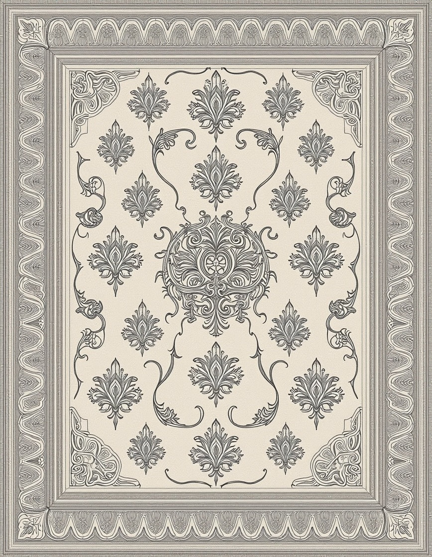 Ornate Floral Scrollwork Detailed Frame Rug