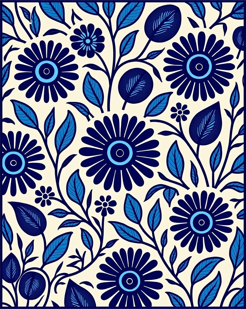 Bold Blue Floral Garden Pattern Rug