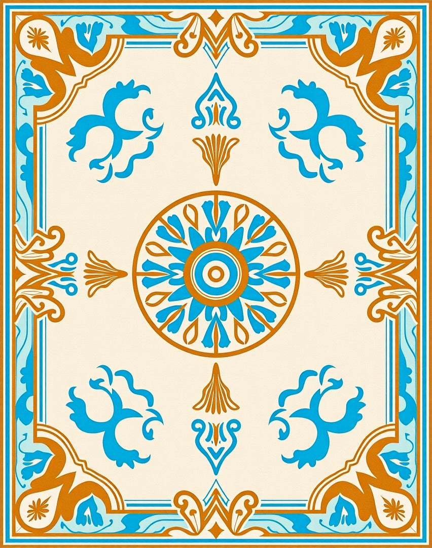 Ornate Teal Gold Floral Pattern Rug