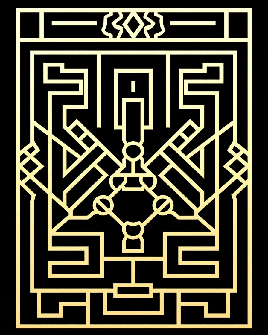 Golden Geometric Art Deco Stylized Maze Rug